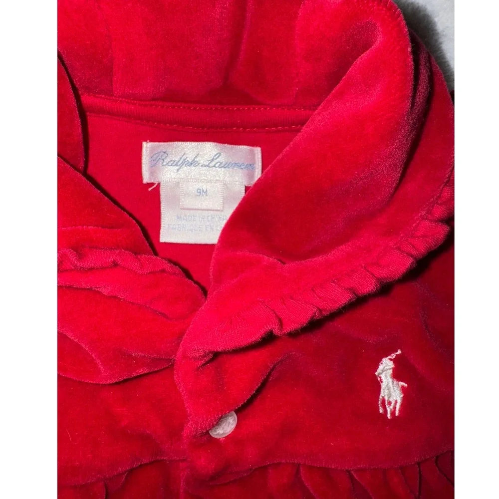 Ralph Lauren Baby Girls Red Velour Footed Pajama Romper 9M Ruffle Striped Feet‎